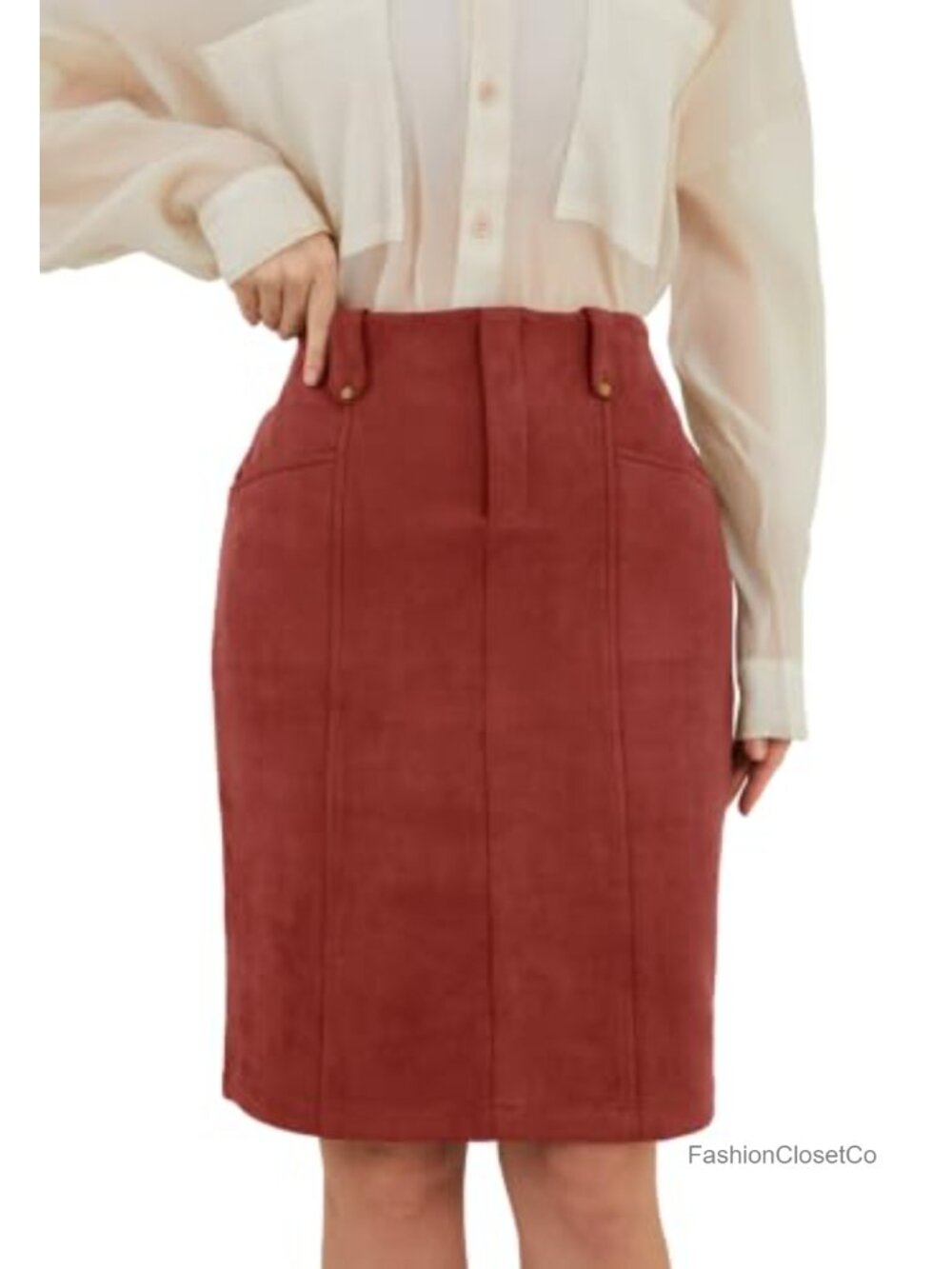 Faux Suede Knee Length Bodycon Pencil Skirt with Pockets